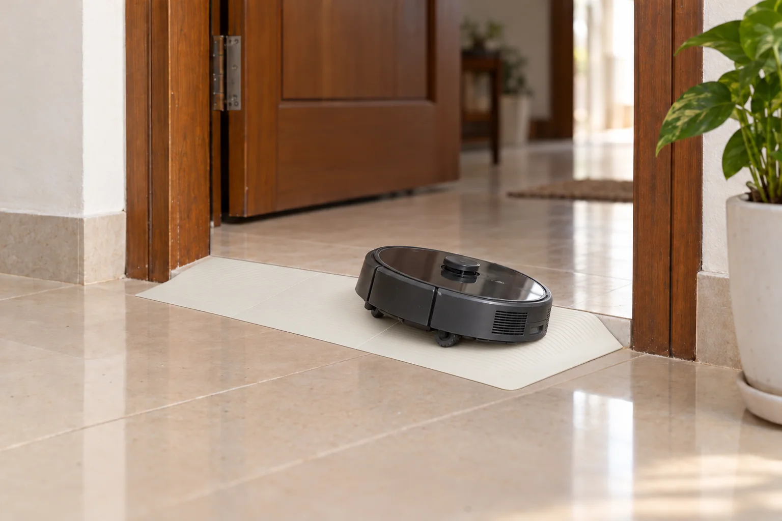 A robot vacuum climbing the RoboRamp at a marble threshold